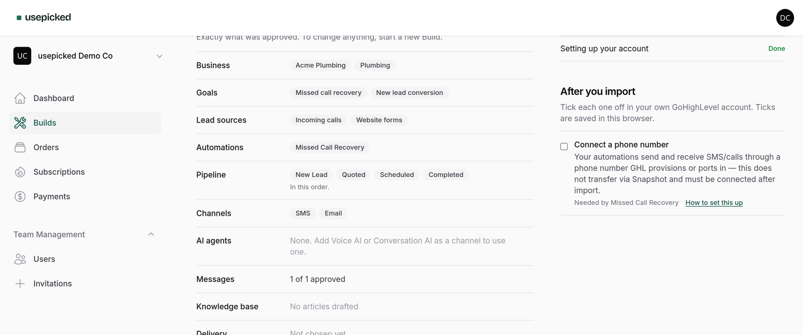 The Build summary and the post-import activation checklist
