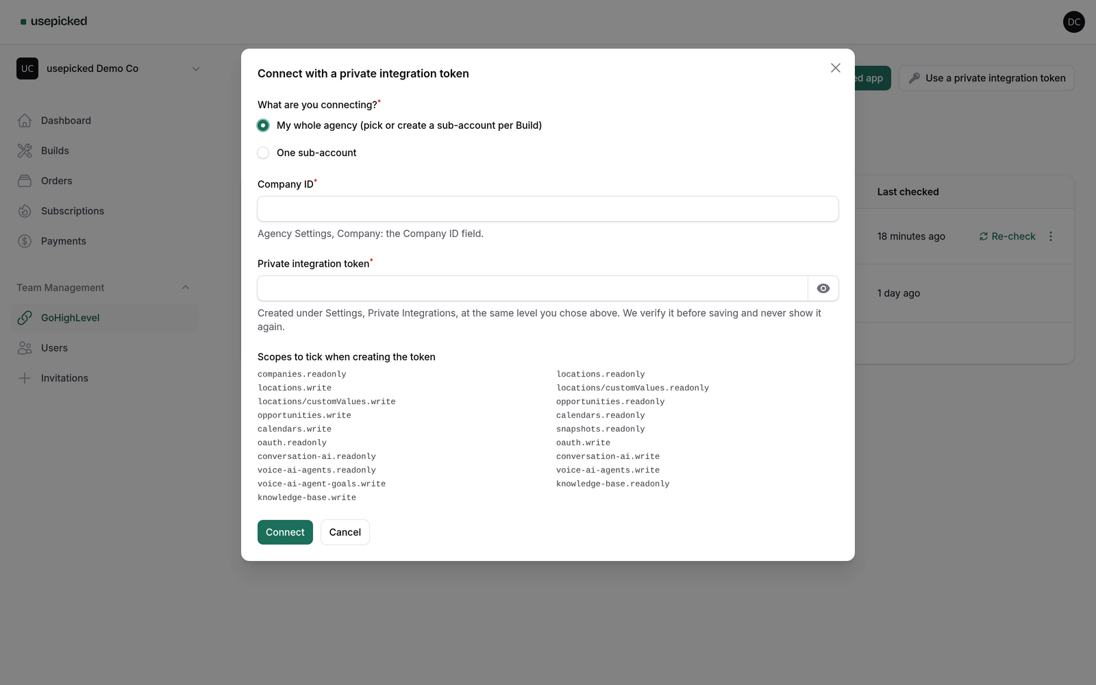The private integration token dialog with the level choice, id field, token field and the scope list