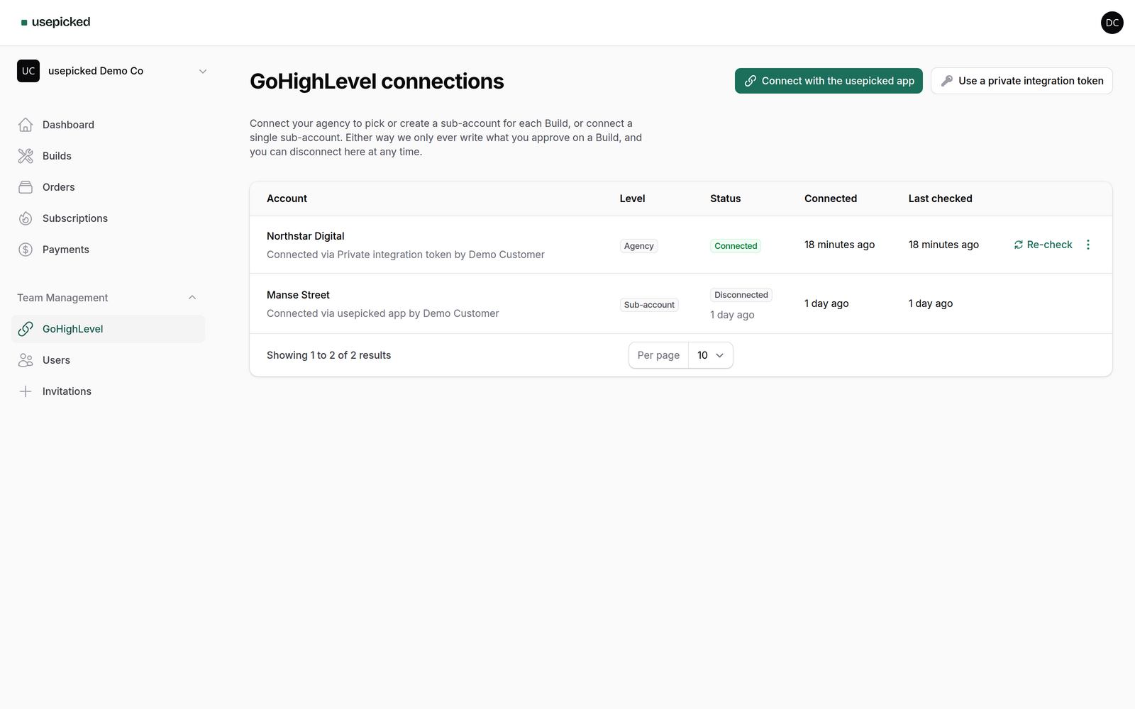 The GoHighLevel connections page with an agency connection and the two connect buttons