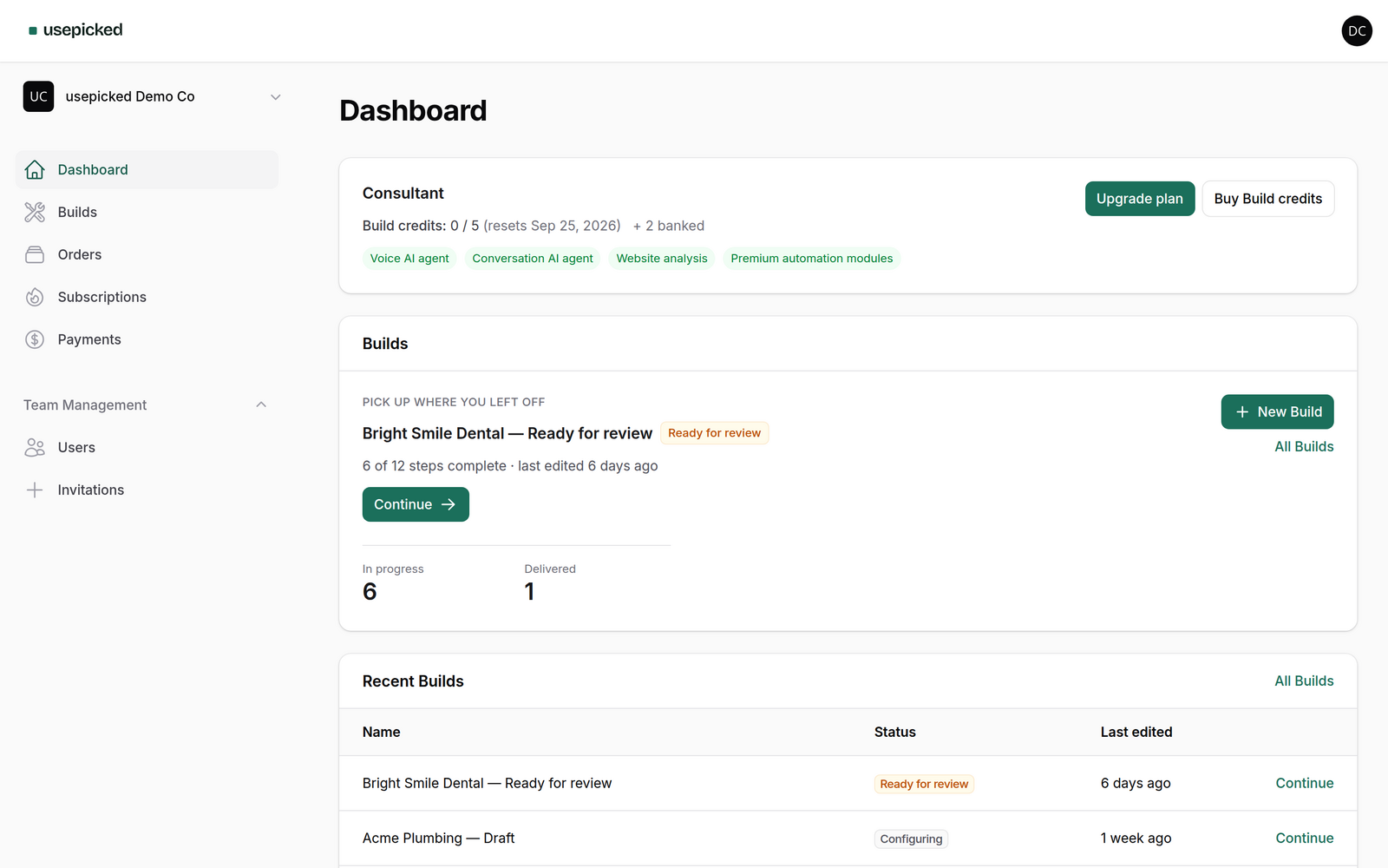 The customer dashboard with plan usage and recent Builds