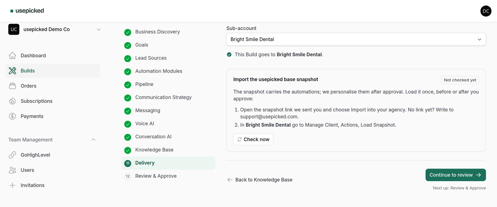 The base snapshot box on the Delivery step with the link, instructions and the Check now button