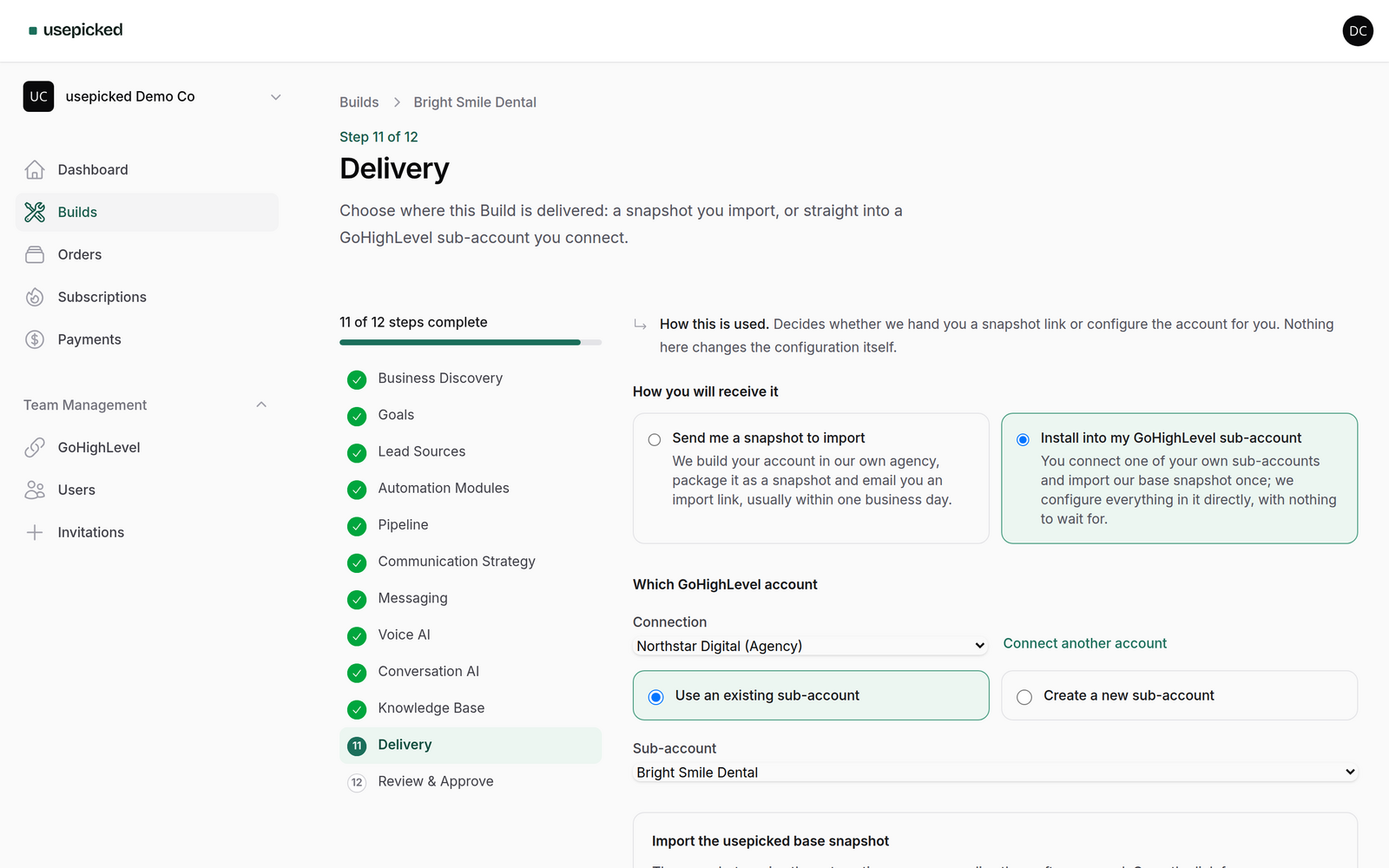 The Delivery wizard step with the connected sub-account option selected