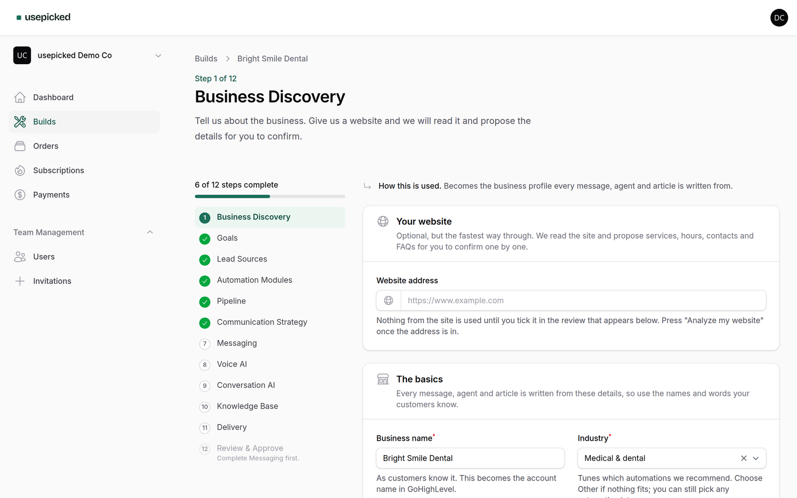 The Business Discovery wizard step with the website analysis field