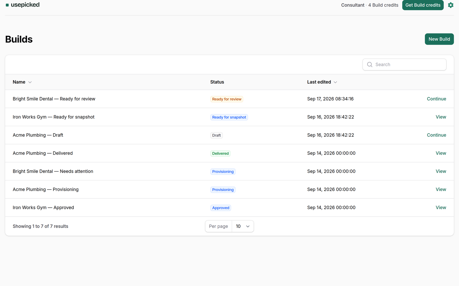 The usepicked Builds list as shown inside the GoHighLevel sidebar