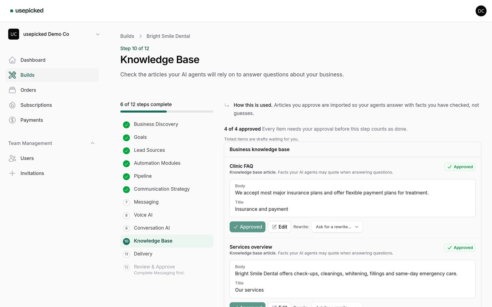 The Knowledge Base wizard step with approved articles