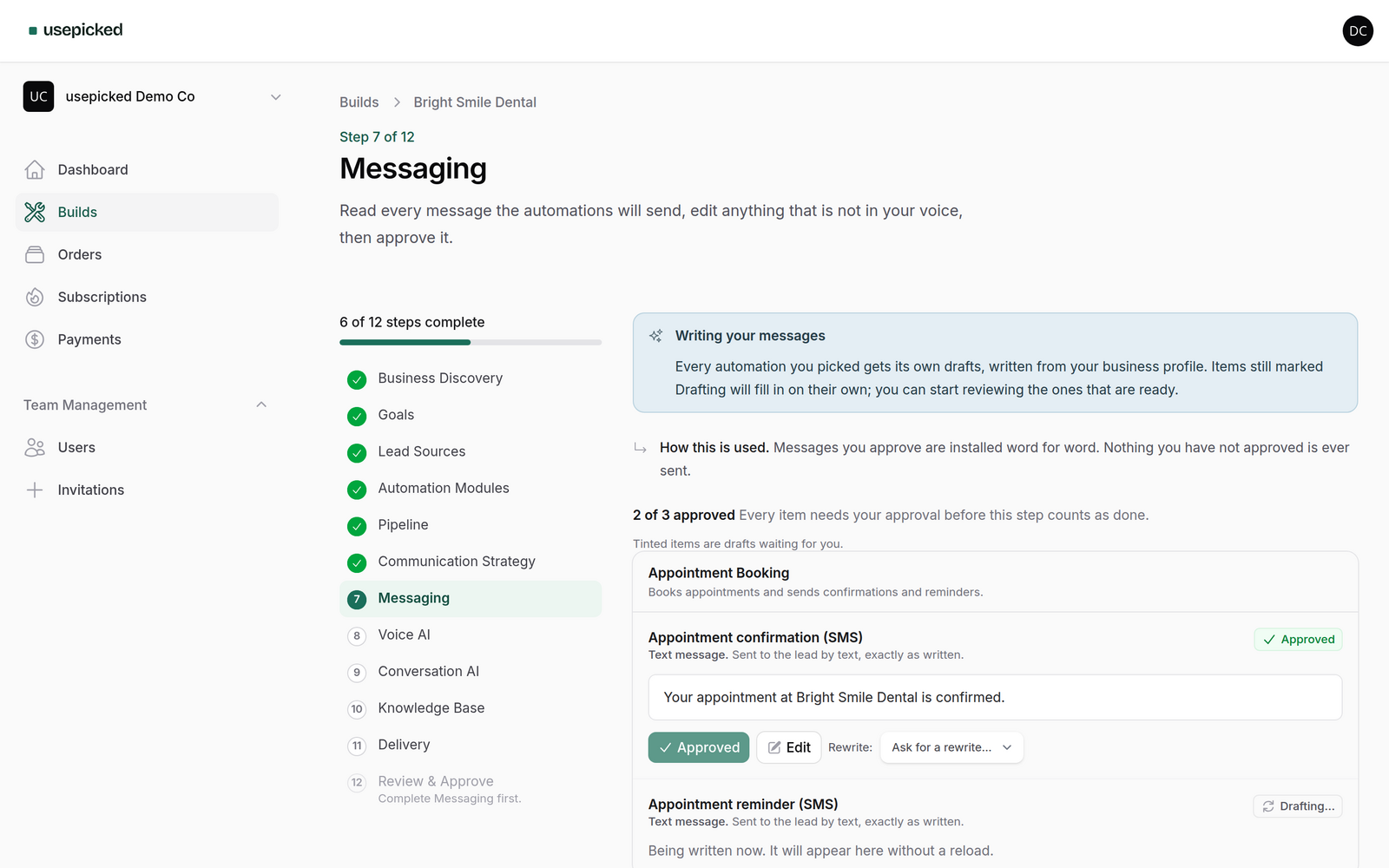 The Messaging wizard step with an approved SMS and one still drafting