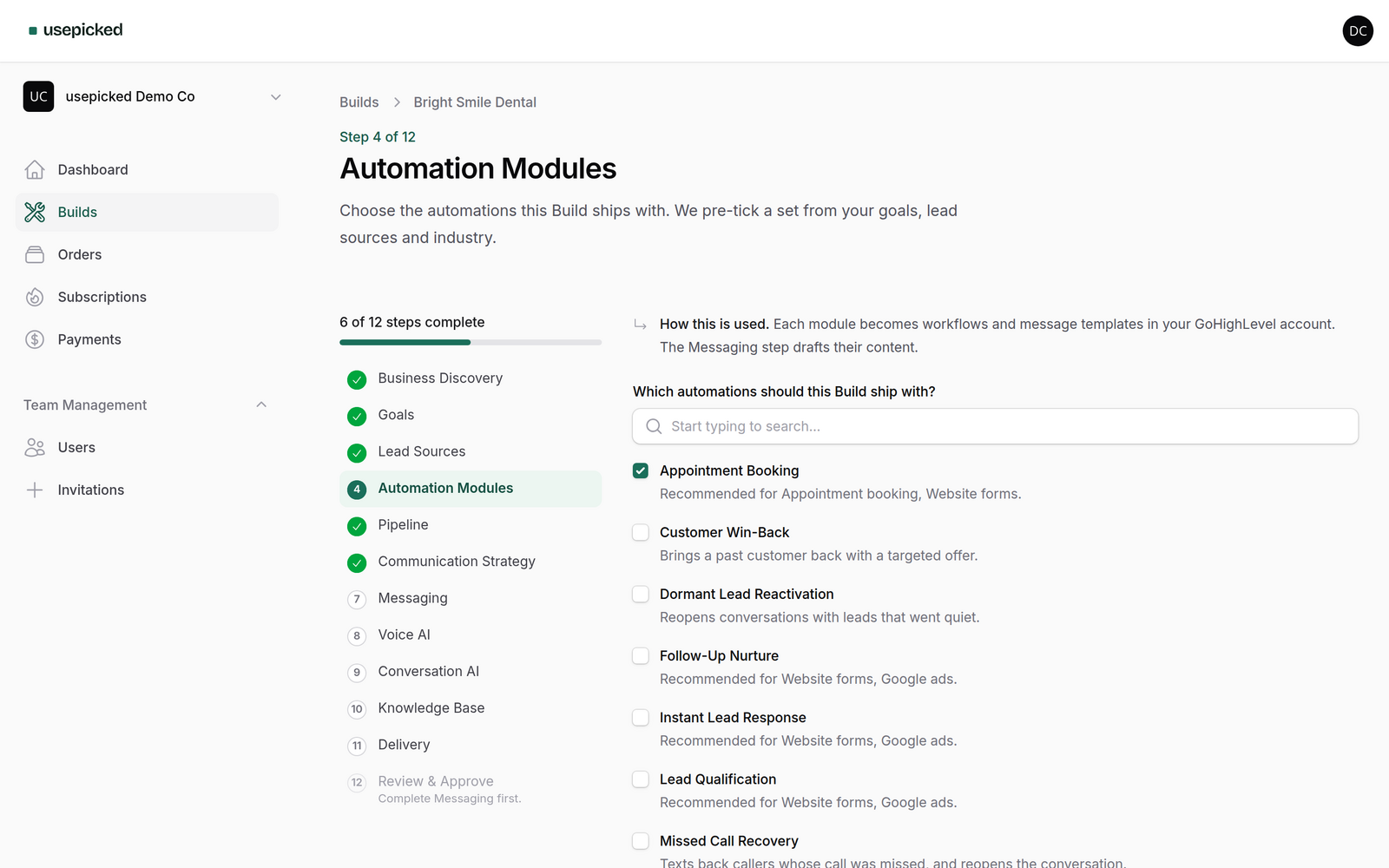 The Automation Modules wizard step with recommended modules pre-selected