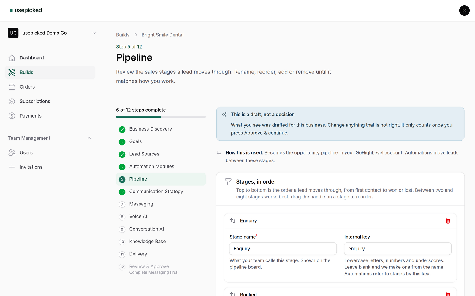 The Pipeline wizard step with drafted stages