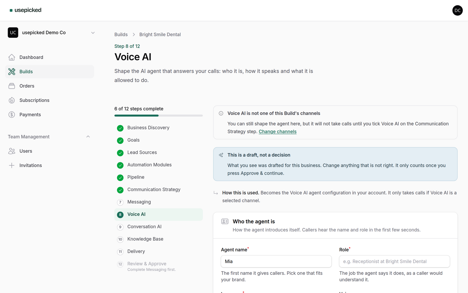 The Voice AI wizard step with the agent identity fields